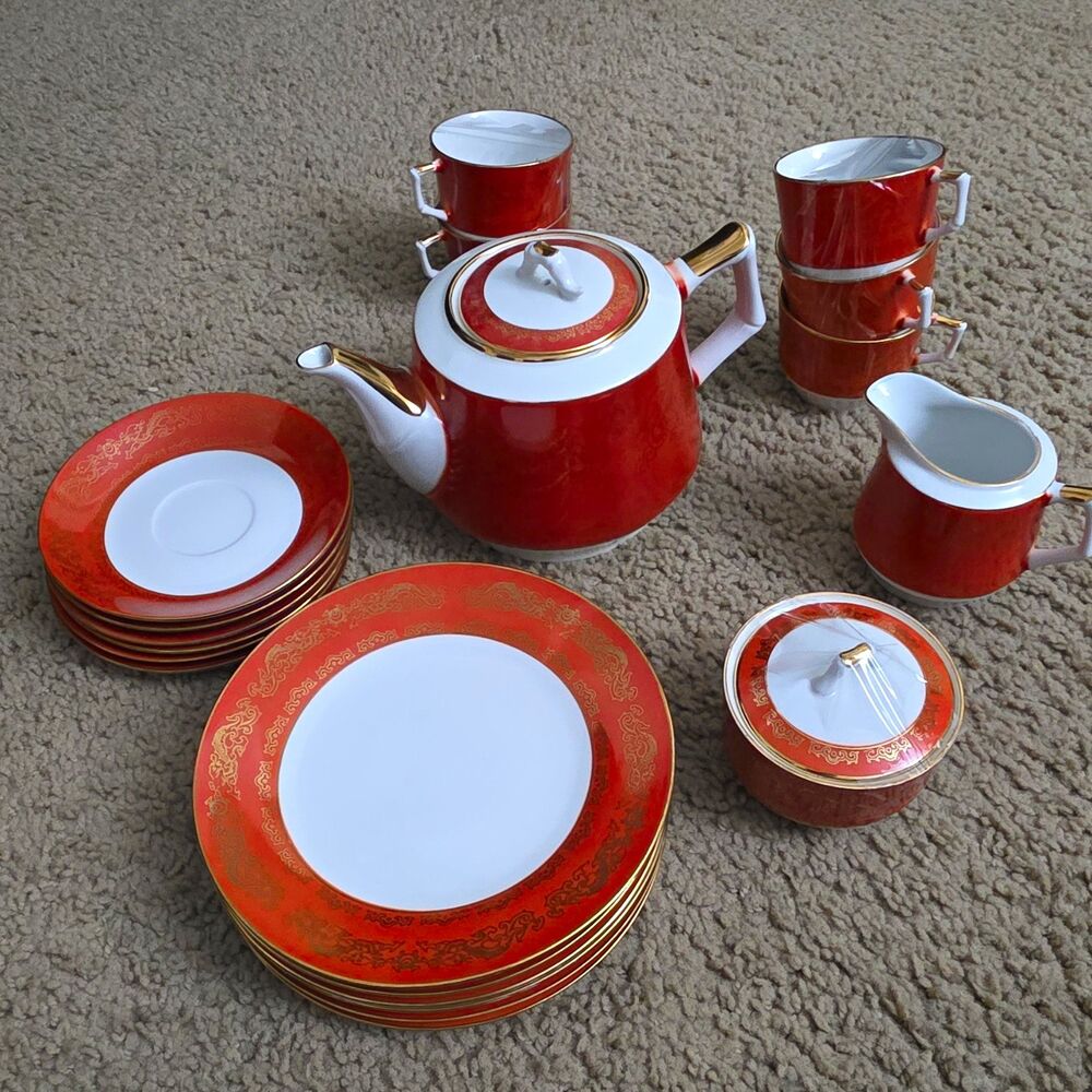 Vintage Tangshan Chinese Porcelain Tea Coffee Set - Rust Red Gold Filigree 22pc